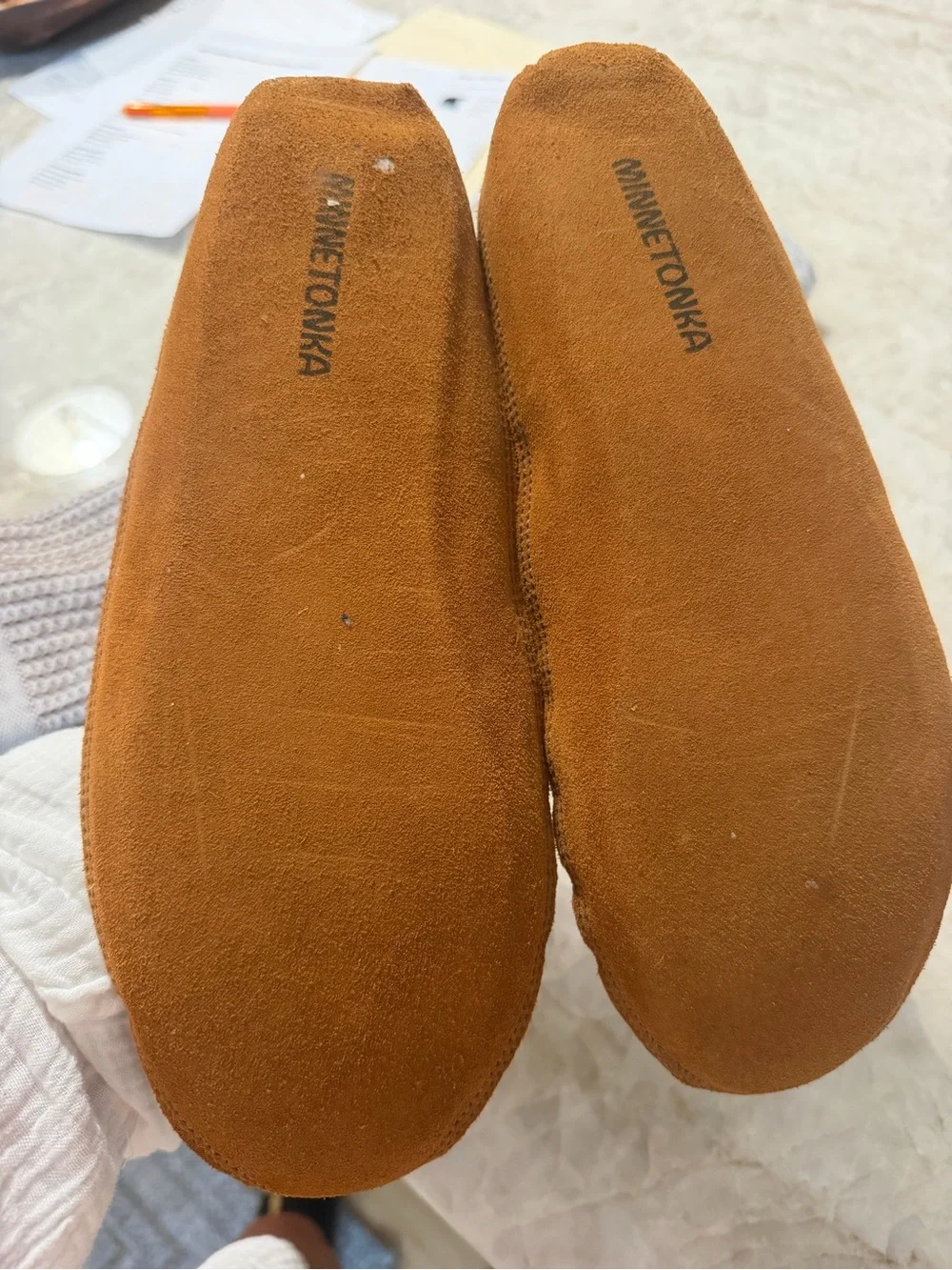 Men's Black Minnetonka Moccasin Slippers with Red Plaid Lining